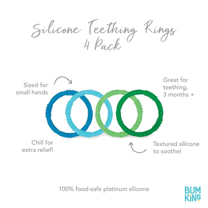 Bumkins Baby Teething Freezer Toy Keys Rings, Soft Flexible Pacifier to Chew, Cool Teether Gum Relief, Babies 3 Months, Freezable, Platinum Cured Silicone, Sensory Bracelet, 4-pk Blue and Green