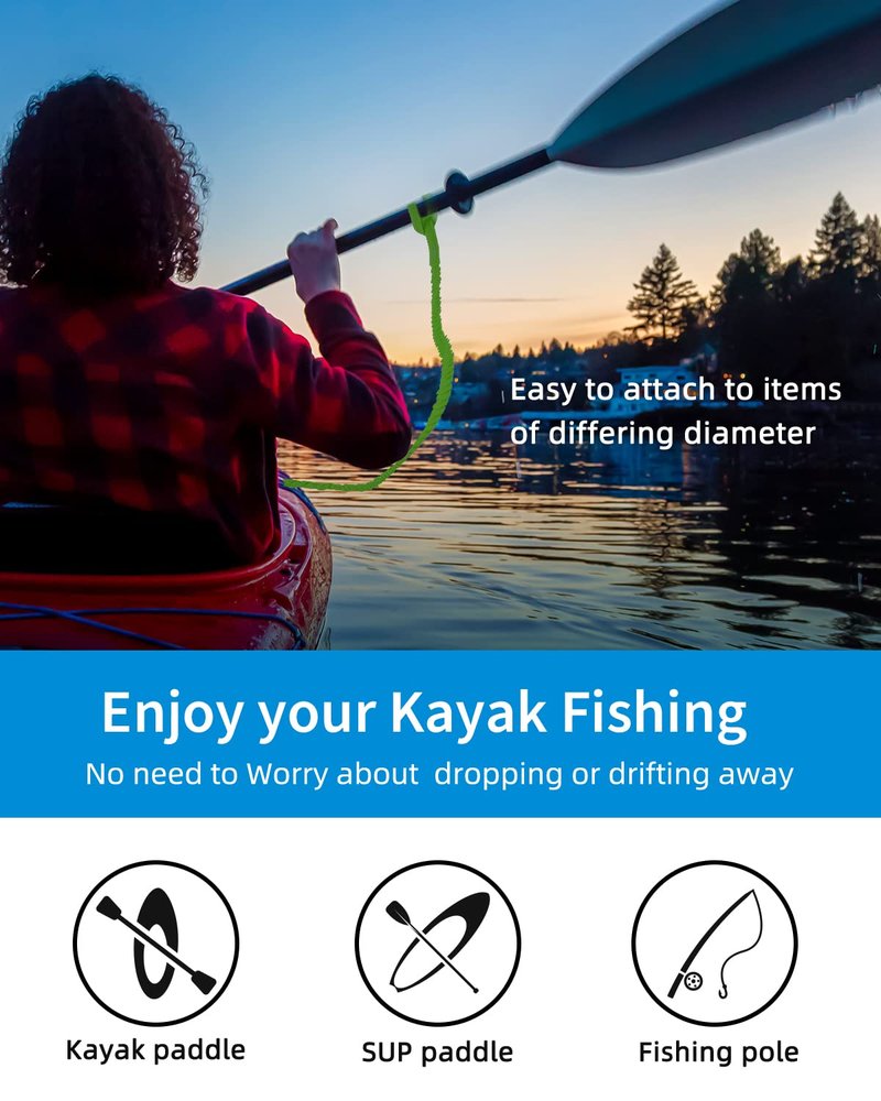 OCEANBROAD Kayak Paddle Leash with D-Ring Stretchable Bungee Strap Lanyard Rope for SUP Kayaking Boating Canoeing Fishing Pole Rod 4-7 Feet Green 2 Pack