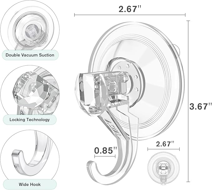 VIS'V Wreath Hanger, Large Suction Cup Wreath Hooks, Heavy Duty, 22 LB Capacity, Removable and Reusable, Clear, 4 Pcs