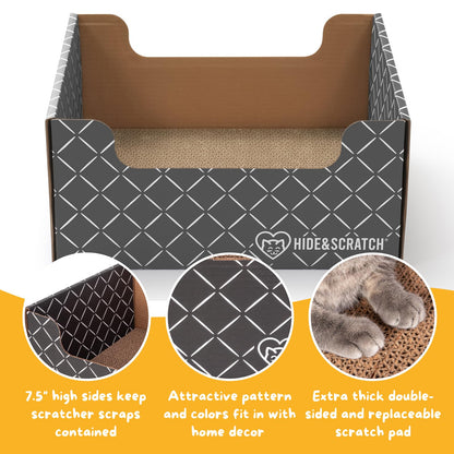 HIDE & SCRATCH Heavy Duty Cardboard Cat Scratcher Box and Cat Bed with Refillable Double-Sided Cardboard Scratch Pad for Indoor Cats