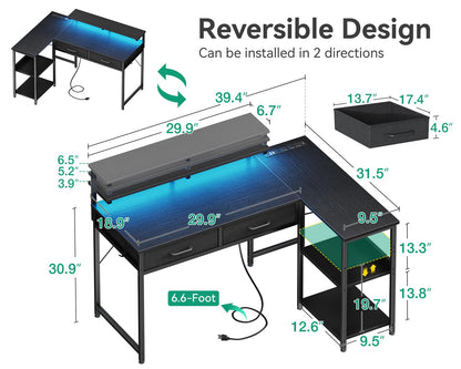 Coleshome 40 Inch L Shaped Gaming Desk with 2 Drawers & Storage Shelves, Computer Desk with USB Ports, Study Writing Table for Bedroom, Simple Modern Laptop Desk for Home Office, Black