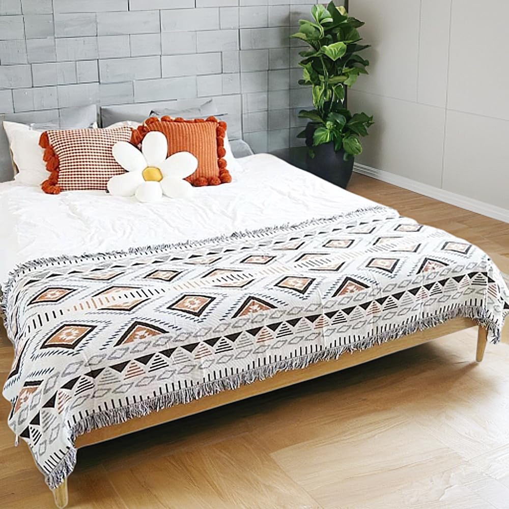 Lqprom Boho Throw Blankets Knit Bed Blankets with Tassel Aztec Western Throws Cover Farmhouse Decor for All Season Sofa Couch Chair Outdoor Camping Picnic Tent Beach Car Traveling 51"x63"