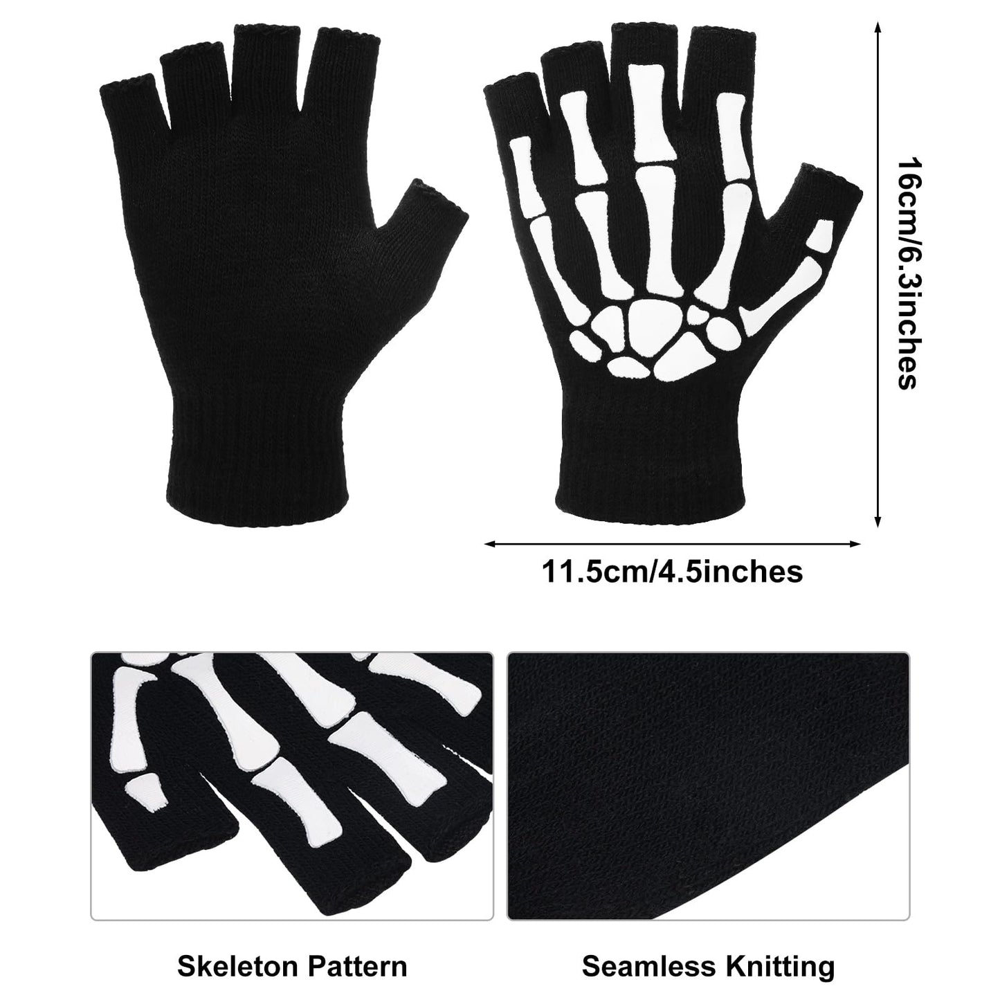 SATINIOR Skeleton Fingerless Gloves for Men Women Halloween Costume Skull Goth Bone Hand Glove Unisex Skeleton Gloves(4 Pairs)