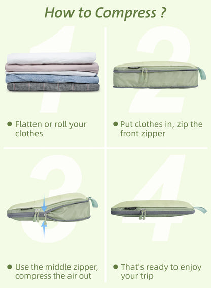 Bagail Ultralight Packing Cubes 7 Set, 3 Compression Packing Cubes 3 Packing Organizers With 1 Shoe Bag-Matcha Mesh