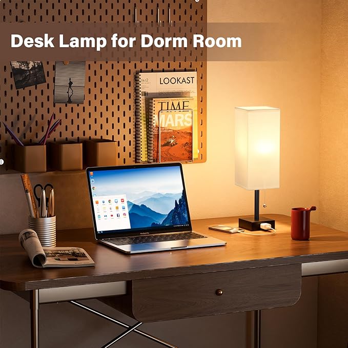 White Bedside Lamps for Bedroom Set of 2 - Small Rectangular Nightstand Lamp with AC Outlet Charging Port, 3 Color Temperatures Desk Light with Bulb, Tabletop Reading Lamp for Living Room/Dorm/Office