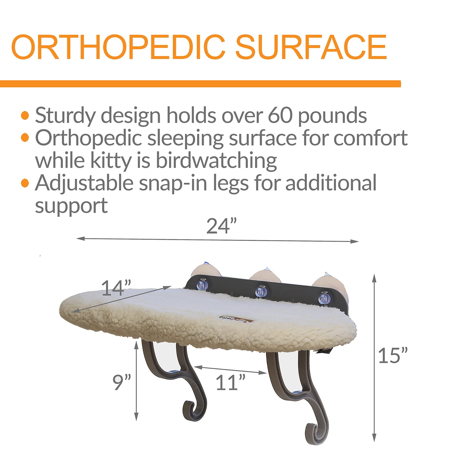 K&H Pet Products Universal Mount Cat Window Perch Bed for Large Cats, Orthopedic Window Hammock Holds 60 lbs, Sturdy Suction Cups, Washable Cover, Indoor Windowsill Furniture Bed - 14 X 24in Fleece