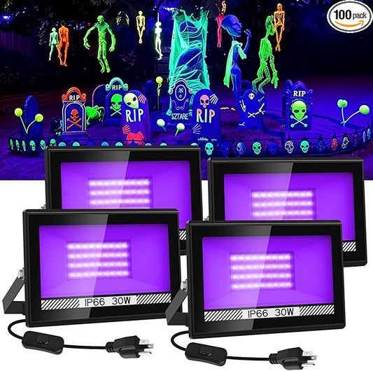30W Black Lights, 4 Pack LED Blacklight Flood Light with Plug, IP66 Waterproof Black Lights for Glow Party, Glow in The Dark, Stage Lighting, Body Paint, Fluorescent Poster, Neon Glow