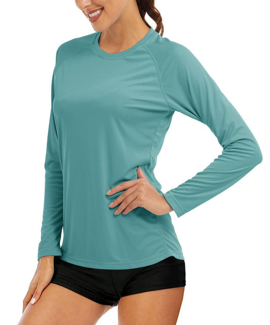 MAGCOMSEN Womens Long Sleeve Shirts - Sun Protection & Rashguard Summer Tees for Women - Grey & Green