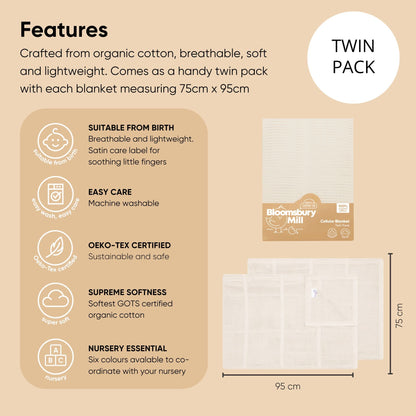 Bloomsbury Mill - Cellular Blankets Baby - Soft 100% Organic Cotton Baby Blanket - Pack of 2 - Essentials For Newborn - Ideal for Cot Bed, Travel, Car Seat, Pram, Moses Basket - Cream 75x95cm