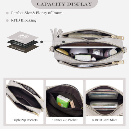 Roulens Triple Zip Small Crossbody Bag for women,Wide Strap Cell Phone Purse Shoulder Handbag Wallet with Credit Card Slots