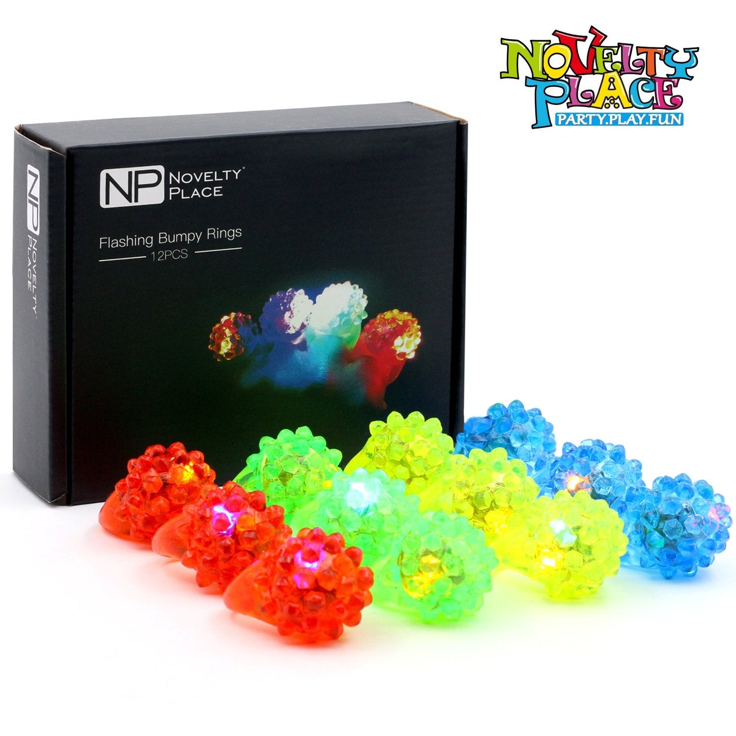 Novelty Place 12Pcs Flashing LED Jelly Rings – Fun Glow in the Dark Light Up Toy Rings for Kids, Party Favors, Birthday, Halloween, Carnival, Disco and Dance Party Supplies