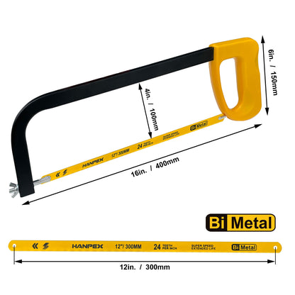 Hanpex 12in. High-Tension Hacksaw Frame with 24 TPI Bi-metal Blade, Hand Saw Suitable for Metal, wood, PVC, Carpentry