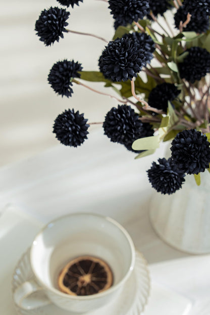 Artificial Kiku Flower - 5 Pcs Fake Pompon Mums Silk Small Chrysanthemum Faux Ball Fall Flower Stem Decor for Halloween Wedding Filler DIY Bouquet Centerpieces Arrangements Shower(Black)