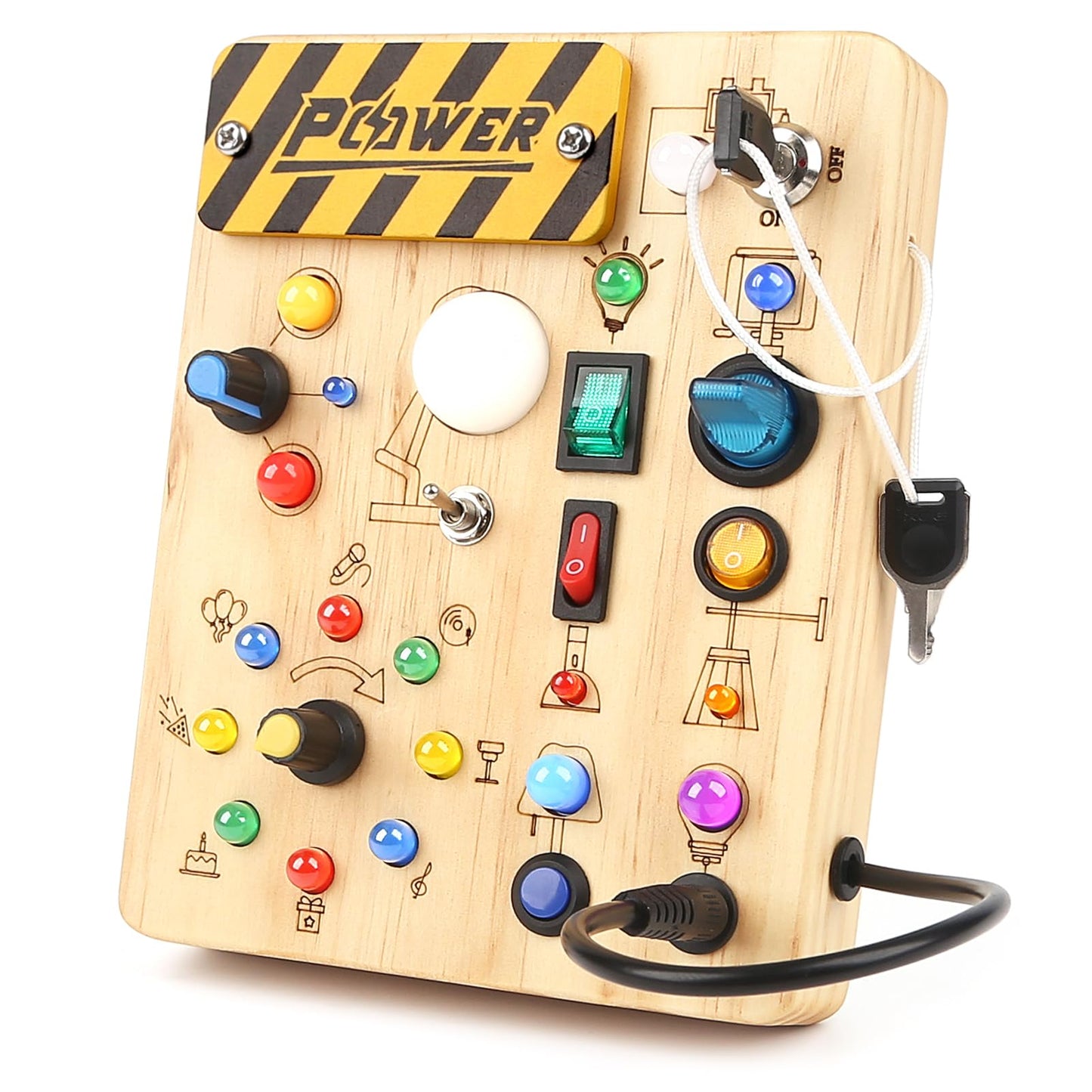 Joyreal Montessori Busy Board 2 Year Old, Wooden Fidget Sensory Toy for Toddlers, Activity Board with 19 LED Lights, Educational Travel Toy for Boys Girls 2 3 4 Year Old