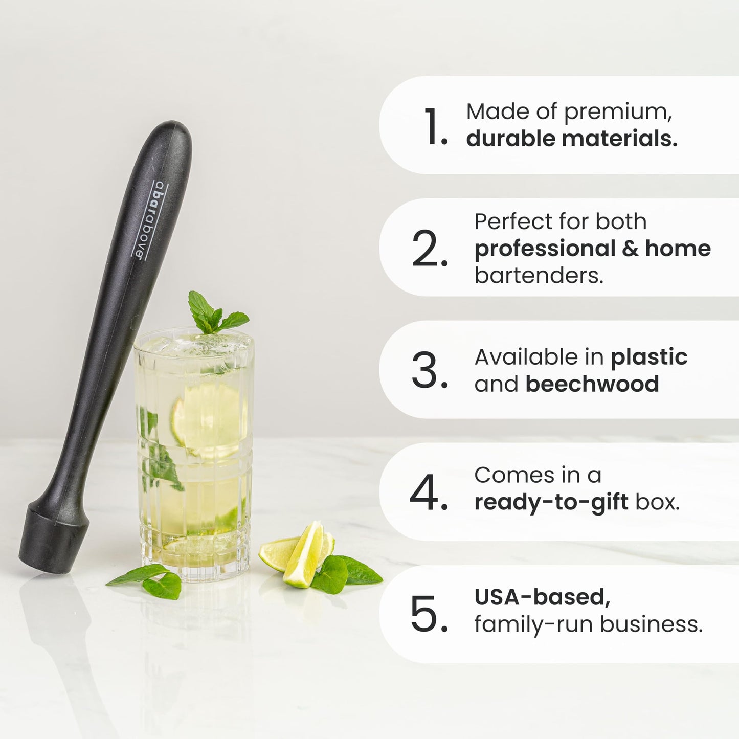 A Bar Above Black Muddler for Cocktails, 12-Inch Long Cocktail Muddler, Perfect to Crush Fruit, Pressing Mint and Sugar Cubes, Mint Muddler to Make Mojitos, Essential Bar Tools for Bartender Set
