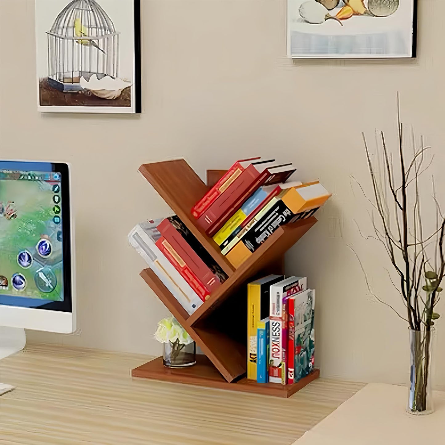 Godferyxin Tree Bookshelf,Desktop Book Shelf,3 Tier Wood Mini Bookshelf and Book Tree for Office, Home or School Desk Book Shelf for for Displaying Books, CDs, Magazines Wood Storage Rack