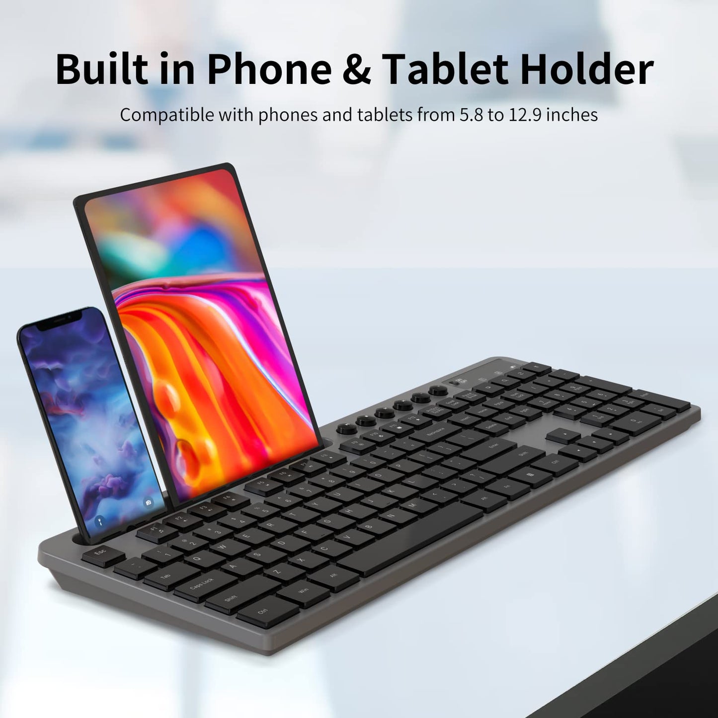 Wireless Keyboard and Mouse Combo, MARVO 2.4G Ergonomic Wireless Computer Keyboard with Phone Tablet Holder, Silent Mouse with 6 Button, Compatible with MacBook, Windows (Black)