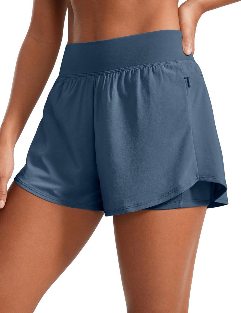 CRZ YOGA 2 in 1 Double Layer Running Shorts for Women 3" - High Waisted for Athletic Tennis Workout with Zip Pockets Stelindigo Medium