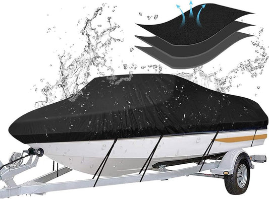 Trailerable Boat Cover - Heavy Duty Waterproof Tarp for V-Hull & Fishing Boats | Fits 14'-16' Length, 90" Width