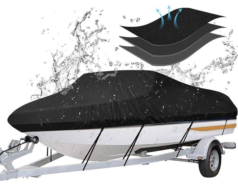 iCOVER Trailerable Boat Cover- 16'-18.5' Heavy Duty Waterproof Tarp Covers with Storage Bag, Fits V-Hull, Fish&Ski, Pro-Style, Fishing, Runabout, Bass Boats, up to 16ft-18.5ft Long X 94" Wide
