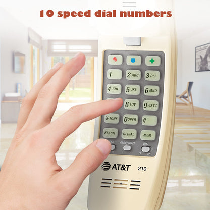 AT&T TRIMLINE 210 Corded Home Phone, No AC Power Required, Improved Easy-Wall-Mount, Lighted Big Button Keypad, 13 SpeedDial Keys, Last Number Redial, Mute, Flash, Volume Control, Beige