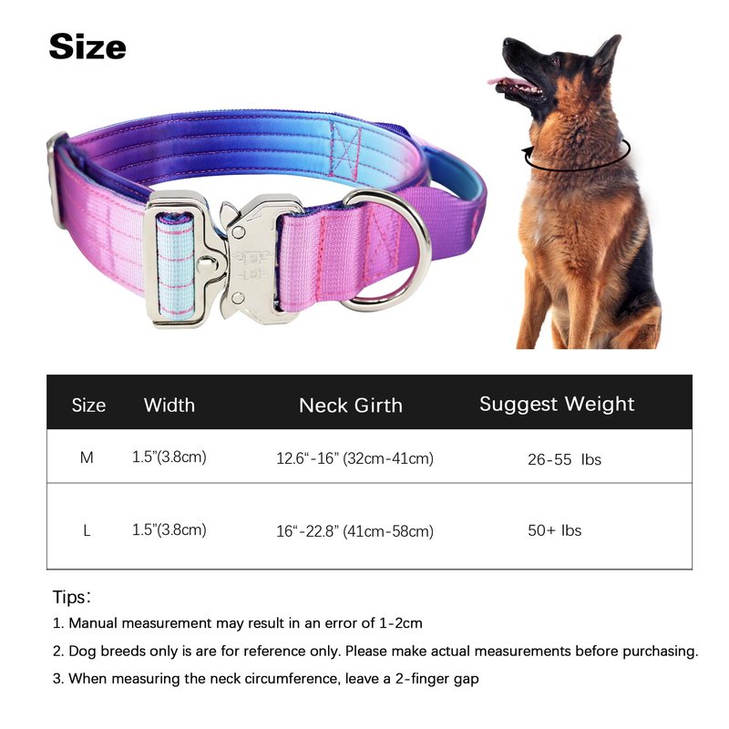 Comfluxe 1.5" Tactical Dog Collar with Handle, Heavy Duty Dog Collar with Metal Buckle for Medium Dogs, Soft Neoprene Padded Lining, Adjustable Gradient Colorful Nylon Collar for Training (Purple, M)
