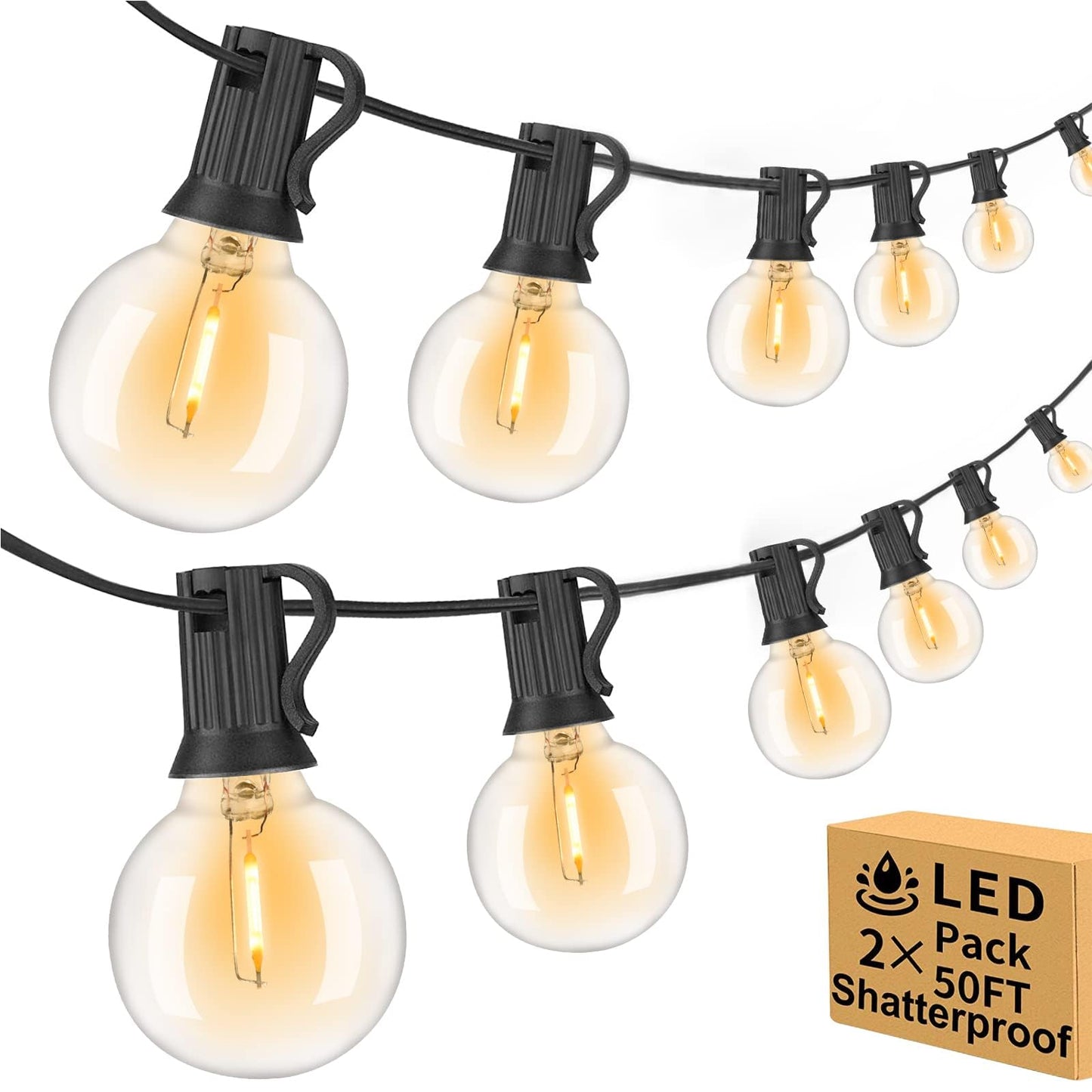 100ft Outdoor String Lights Waterproof/Connectable/Dimmable with 52 LED Shatterproof Bulbs,2-Pack 50ft UL Listed Globe G40 String Lights Outside Lighting for Patio Backyard Cafe Party Wedding Garden