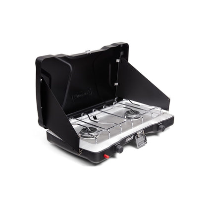 Coleman Triton+ 2-Burner Propane Camping Stove with InstaStart Ignition, Portable Camping Cooktop with 2 Adjustable Burners & Wind Guards, 22,000 BTUs of Power for Camping, Tailgating, Grilling