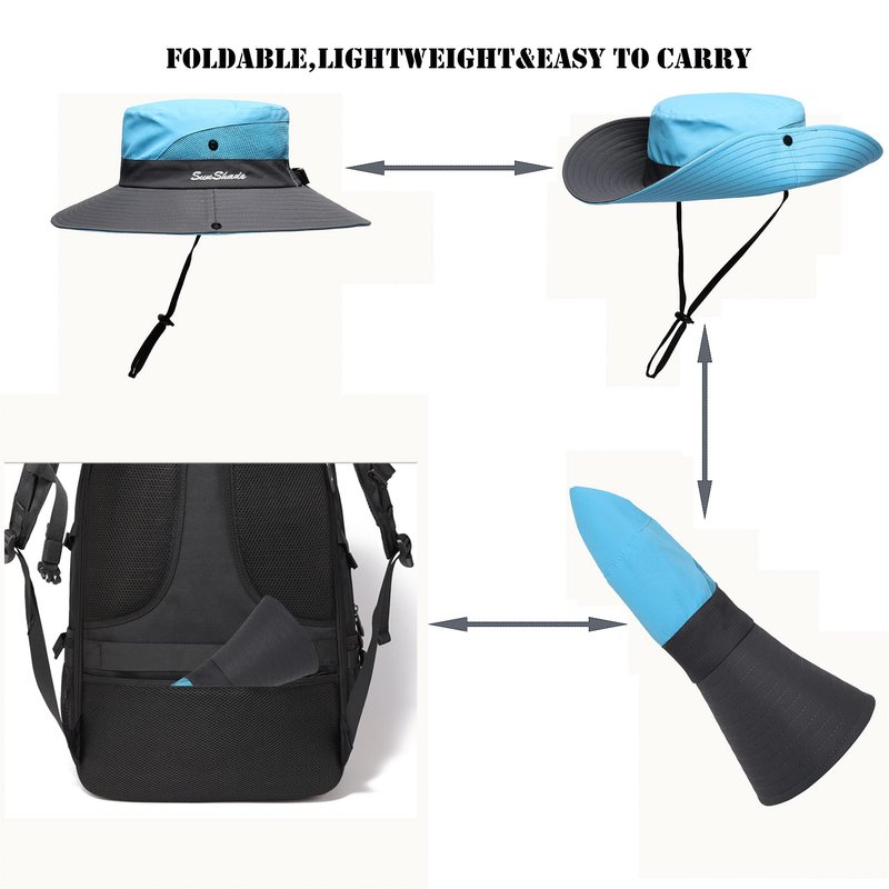 Womens Summer Sun Hat Beach Hat Wide Brim Outdoor UV Protection Hat Foldable Cool Mesh Ponytail Bucket Hat (Sky Blue-Gray)