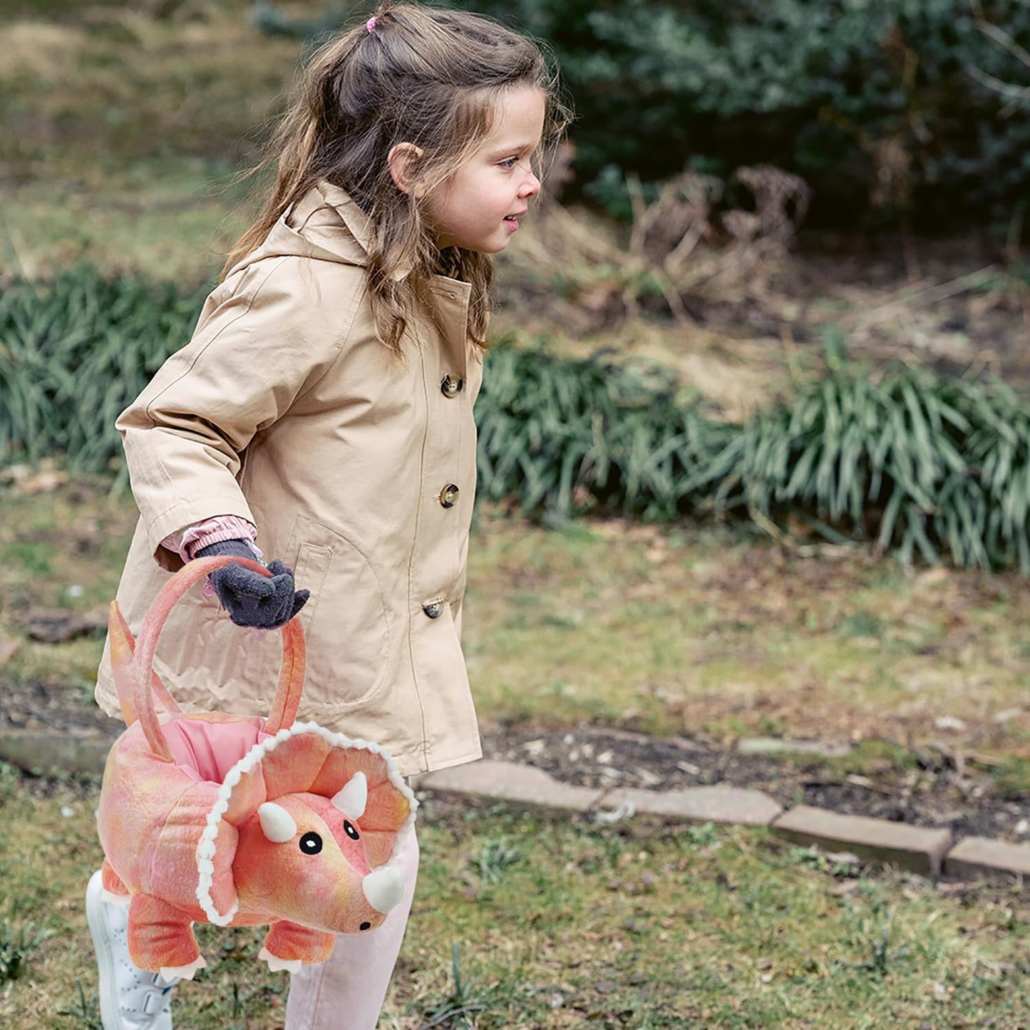 DearSun 3D Triceratops Plush Basket Halloween Trick or Treat Baskets, Cute Candy Bucket for Kids Gift Party Decoration, Pink