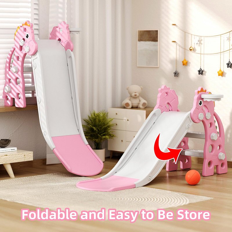 GLAF Toddler Slide Indoor for Toddlers 1-3 Baby Slide Outdoor Playset with Basketball Hoop and Ball Plastic Foldable Slides for Kids Backyard Climber Set (Pink)