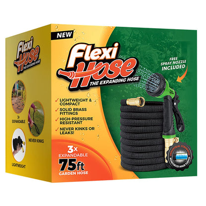 Flexi Hose with 8 Function Nozzle Expandable Garden Hose, Lightweight & No-Kink Flexible Garden Hose, 3/4 inch Solid Brass Fittings and Double Latex Core, 75 ft Black