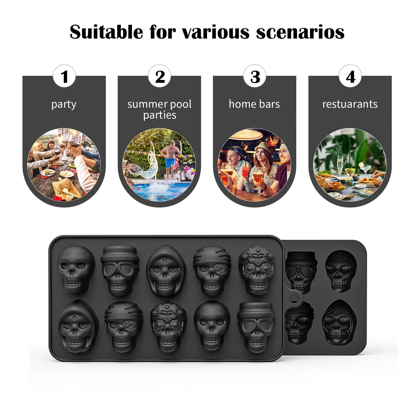 10-Cavity 3D Skull Mold Set,Silicone Ice Cube Mold Maker,for Chilling Whiskey Cocktail Beverages Pudding Chocolate Non-Stick Sugar Mold (3 pcs)