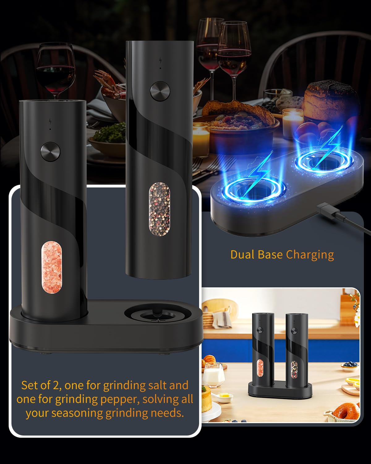 CIRCLE JOY Rechargeable Electric Salt and Pepper Grinder Set Automatic Pepper Mill Grinders with Charging Base, Adjustable Coarseness, 110ml Capacity and White LED Light, Black