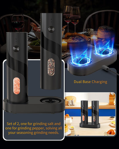 CIRCLE JOY Rechargeable Electric Salt and Pepper Grinder Set Automatic Pepper Mill Grinders with Charging Base, Adjustable Coarseness, 110ml Capacity and White LED Light, Black