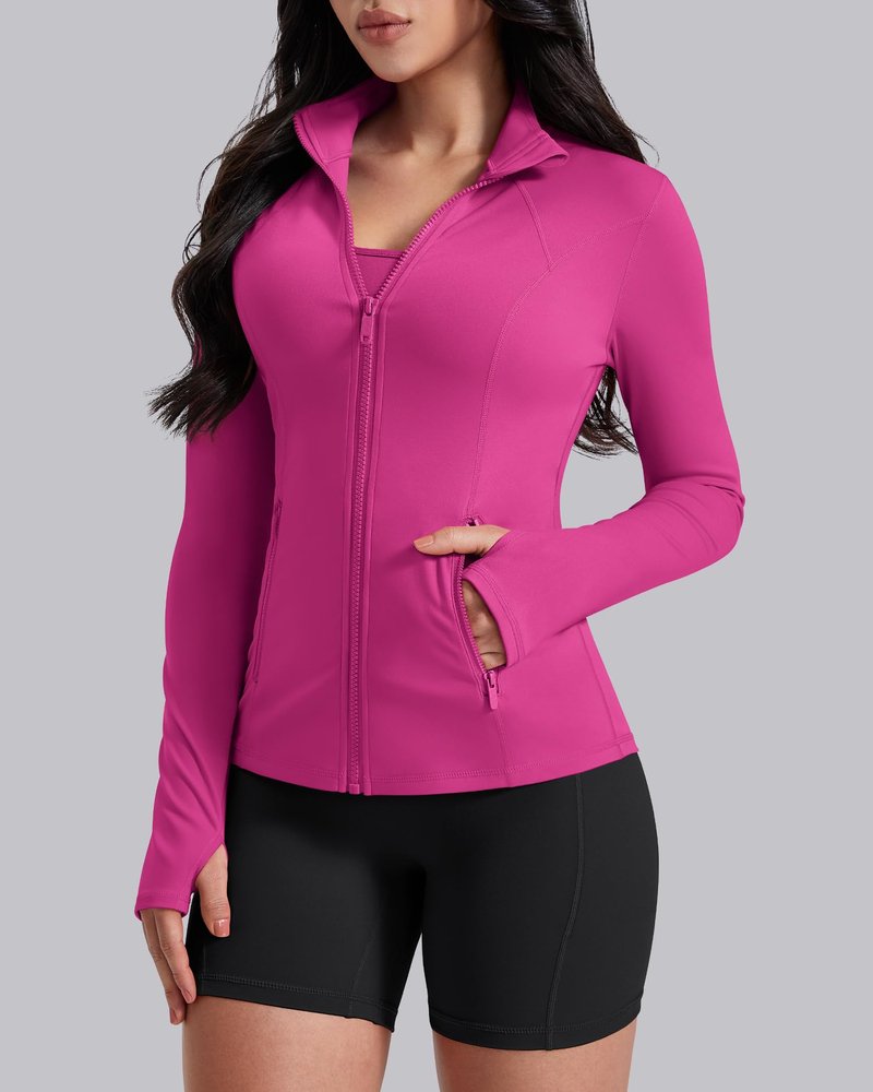 AVGO Womens Workout Jackets Lightweight Athletic Zip Up Jacket Slim Fit Running Gym Top with Pockets & Thumb Holes(Hot Pink, XL)