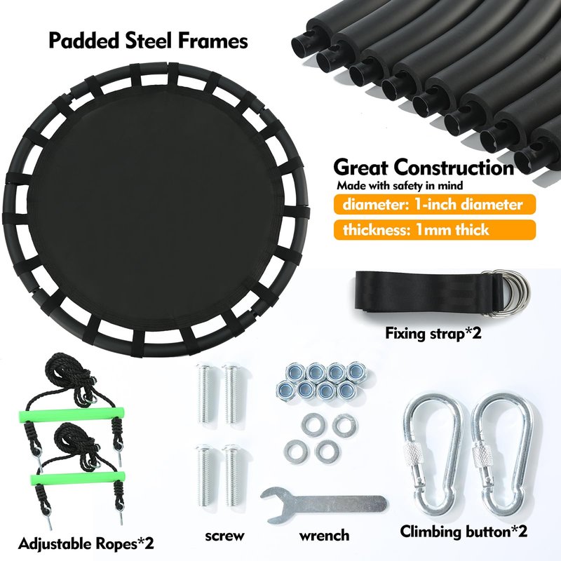 YSEJOMP Black Round Saucer Swing with Handles -Made of Sturdy Frame,PP Mat,Adjustable Multi-Strand Ropes,Safe and Durable for Yard Garden Playground Park (Black+Extra Straps, 40 inches)