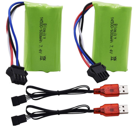 Blomiky 2 Pack 7.4V 2S 600mAh Li-ion Rechargerable Battery with SM-4P Plug and Charger Cable Compatible with Some Water Ball Blasters and DE85 RC Cars/JF-71A Battery