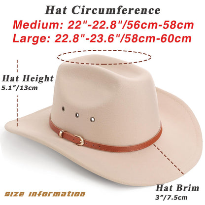 DRESHOW Cowboy Hat for Women and Men Classic Western Felt Cowboy Cowgirl Hat Outdoor Wide Brim Belt Buckle Retro Fedora Hats Unisex Rolled up Caps