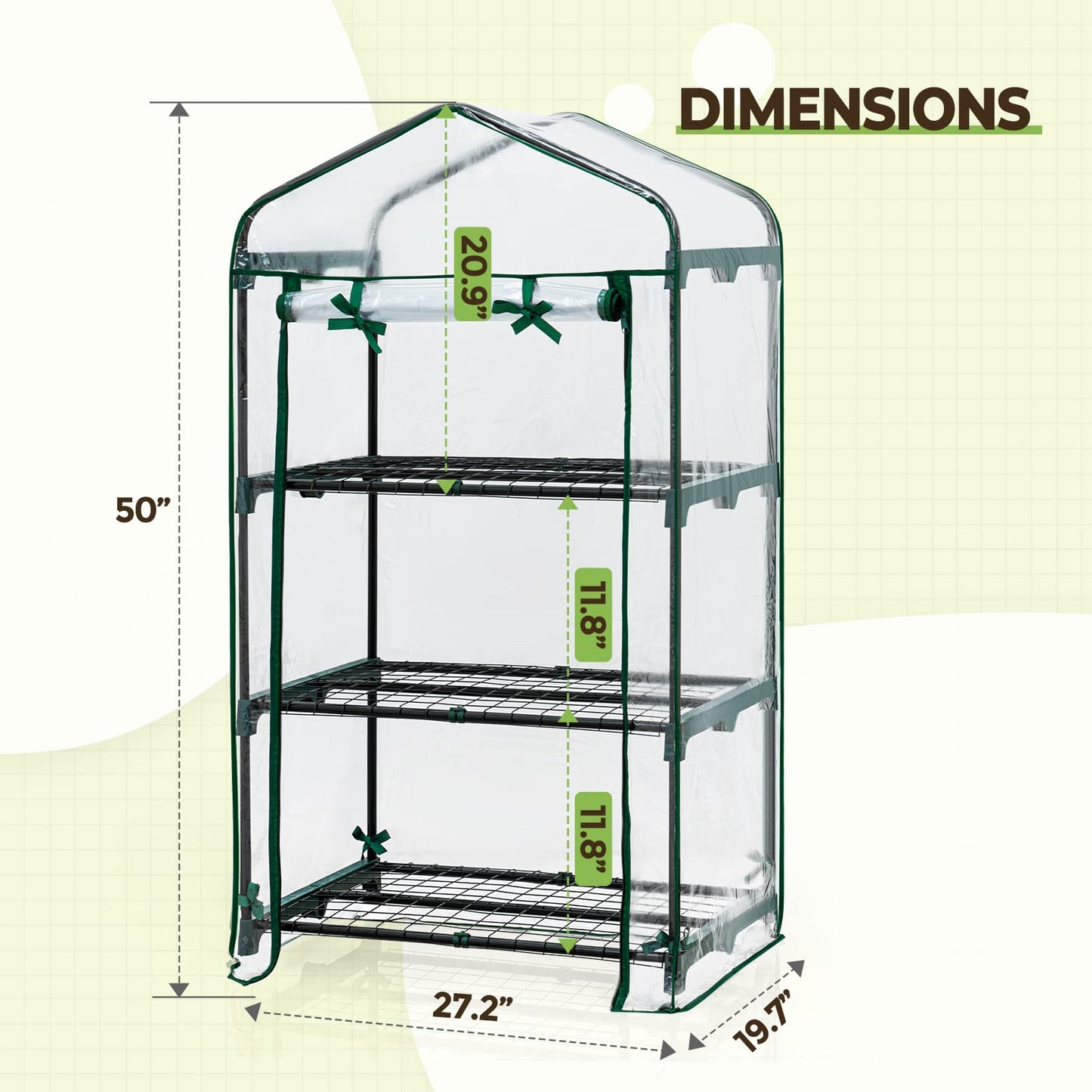 EAGLE PEAK Mini Greenhouse with Wire Shelves, Portable Indoor & Outdoor Garden Green House with Roll-Up Zipper Door, 3 Tier , 27"x19"x50", Clear PVC Cover