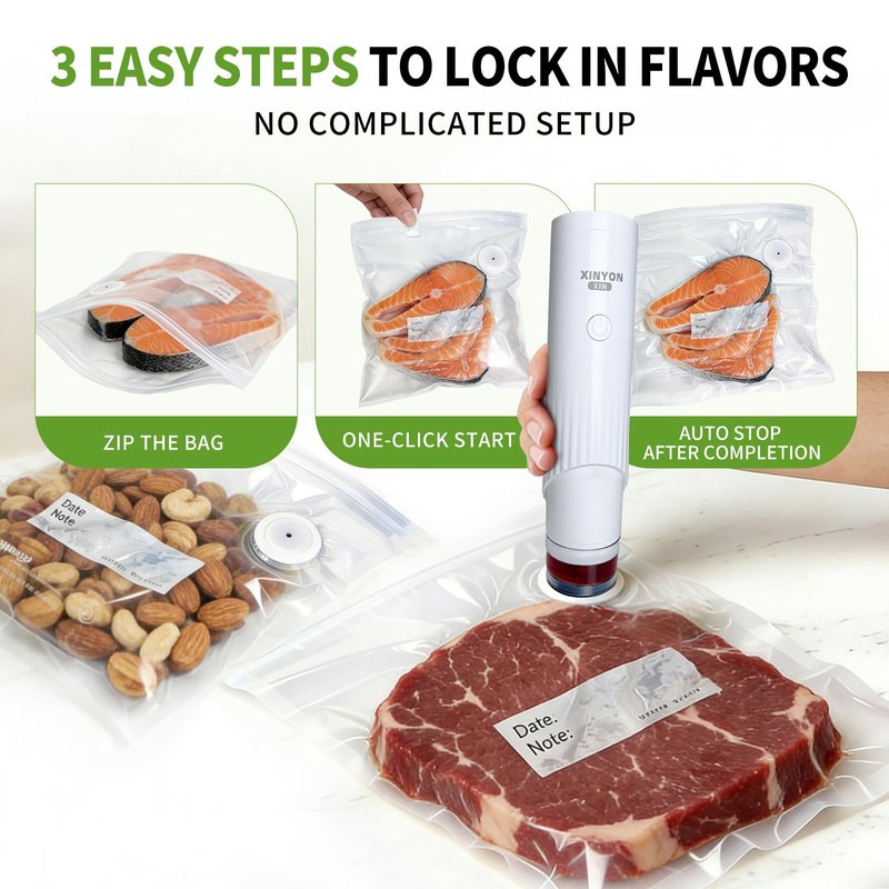Xinyonxin Handheld Vacuum Sealer Machine with 30 Reusable Bags, Cordless Electric Food Preservation Pump for Meat and Sous Vide, USB Rechargeable Mini Sealing System for Kitchen