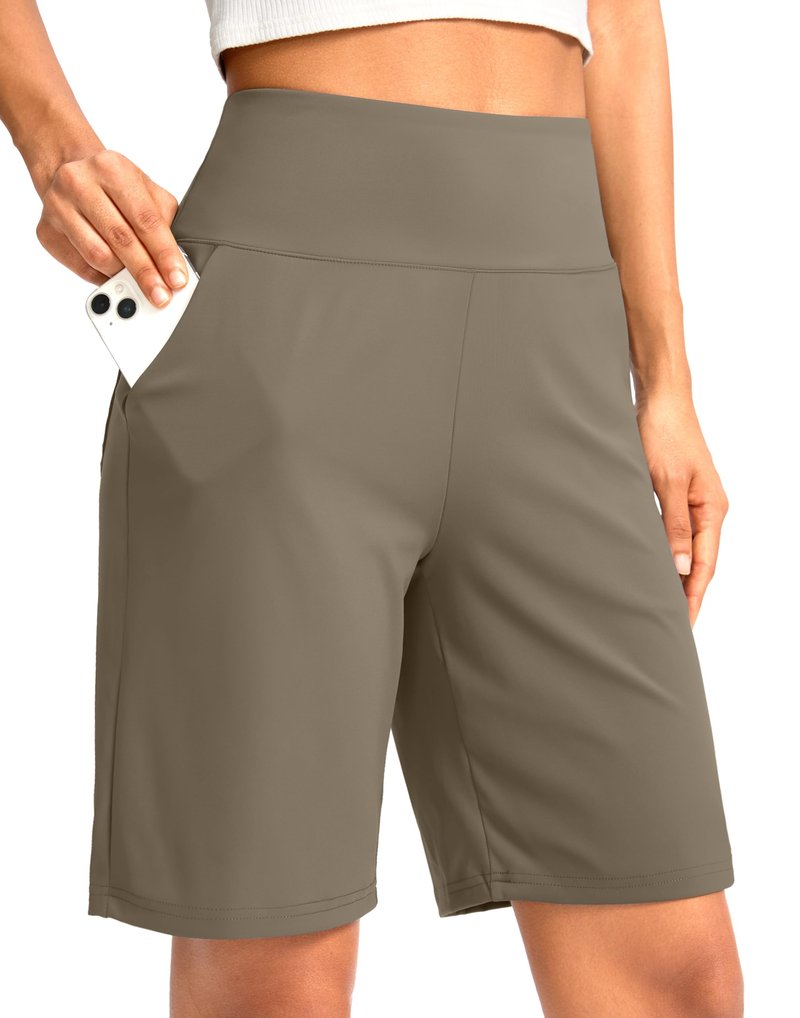 G Gradual Women's Bermuda Long Shorts with Pockets 9" High Waisted Knee Length Shorts for Women Walking Athletic Workout(Dark Khaki,S)