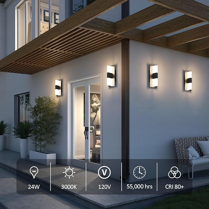 12.4 inches Modern Outdoor Led Wall Light,30W 3000K Porch & Patio Hardwired Wall Sconces with White Clear Acyrlic Lampshade,IP65 Waterproof Exterior Wall Lamp for Garage Garden(Black,2Pack)