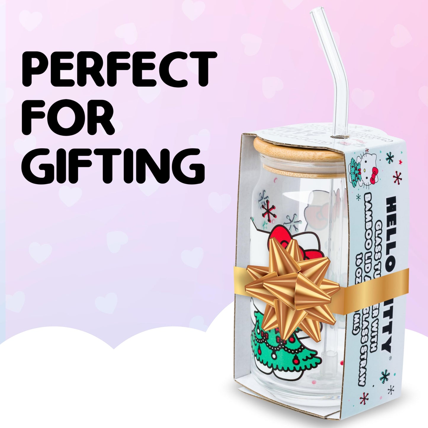 Silver Buffalo Sanrio Hello Kitty Holiday Glass Tumbler with Bamboo Lid and Glass Straw, 16 Ounces