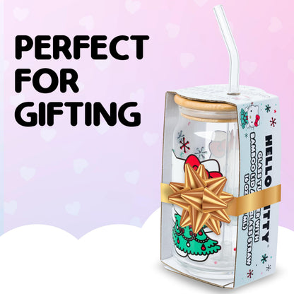 Silver Buffalo Sanrio Hello Kitty Holiday Glass Tumbler with Bamboo Lid and Glass Straw, 16 Ounces