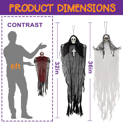 Halloween Hanging Skeleton Ghosts (3 Pack), One 36” and Two 32” Halloweens Grim Reapers, Flying Ghosts for Haunted House Prop Décor, Indoor/Outdoor Halloween Decorations