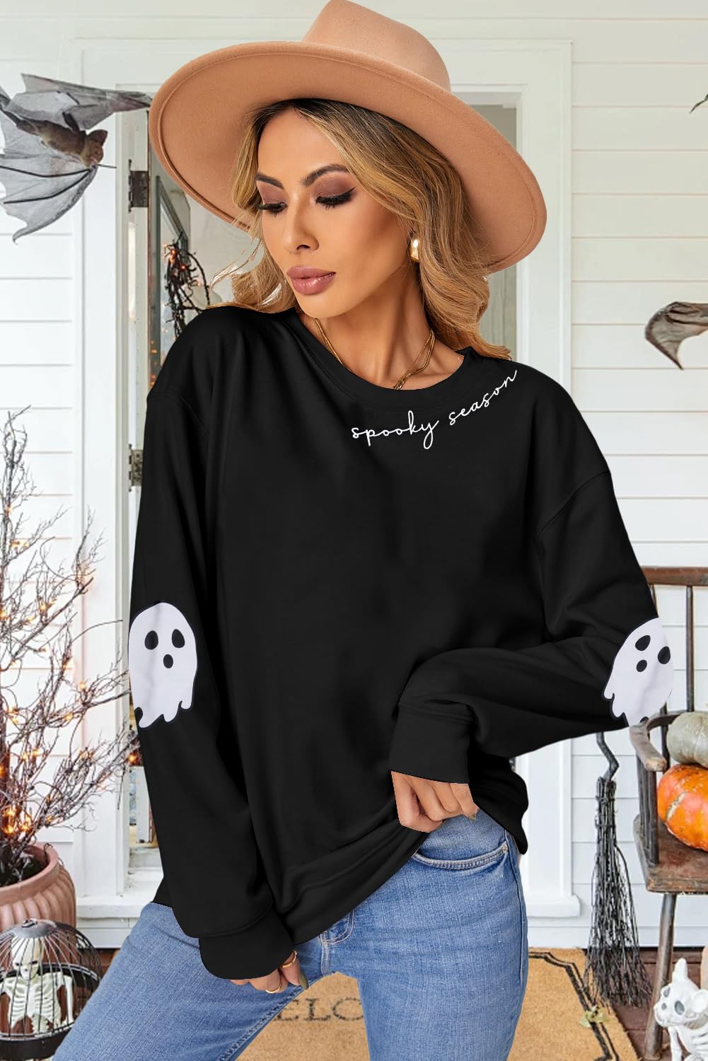 HEBBE Spooky Season Sweatshirts Halloween Ghost Sweatshirt Women - Halloween Graphic Crewneck Tops Casual Sweater