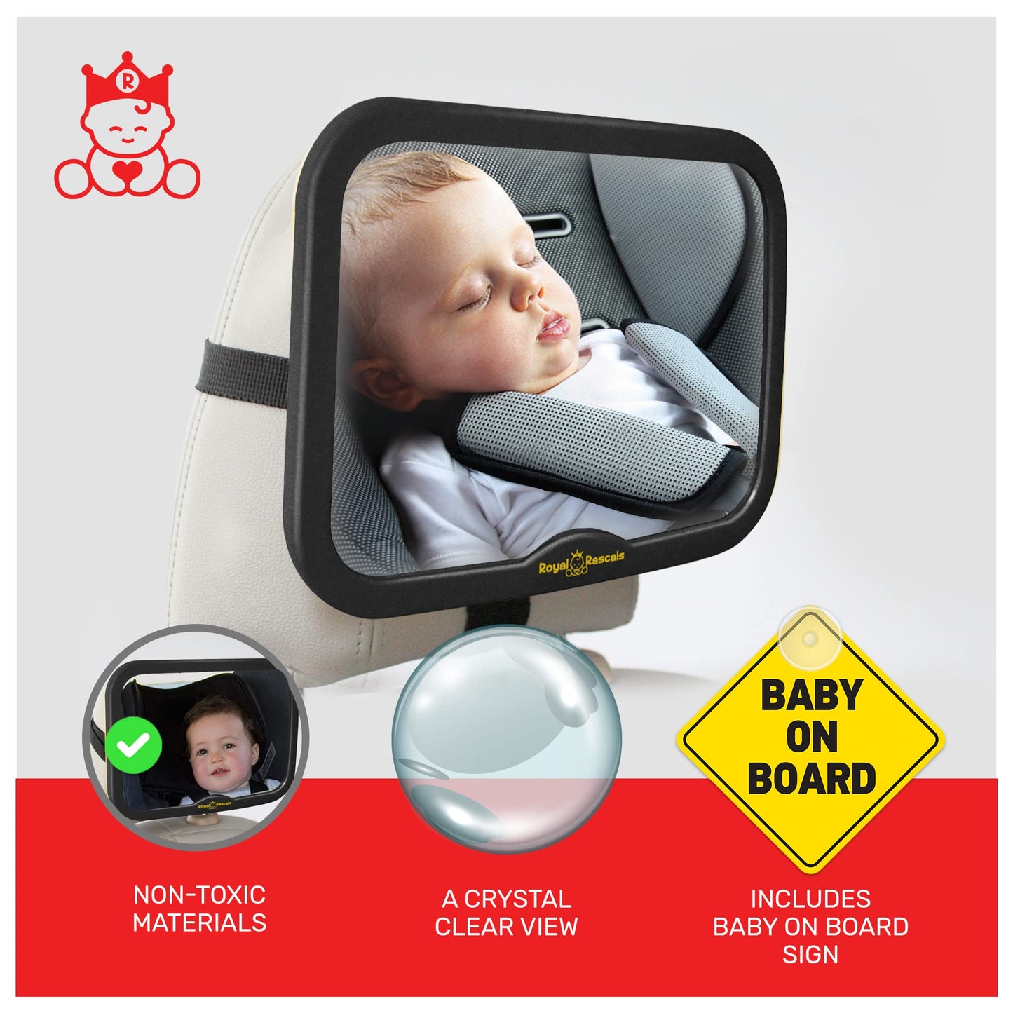 Royal Rascals Baby Car Mirror for Back Seat - Shatterproof Car Rear View Mirror w/360° Rotation, Adjustable Straps & Strong Mount, Essentials for Newborn Safety + Baby on Board Sign, Black