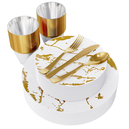 JOLLY PARTY 180PCS Disposable Dinnerware Set 30 Guest, 60 White and Gold Plastic Plates, 30 Plastic Silverware, 30 Cups, Marble Design Disposable Dinnerware for Wedding and Parties