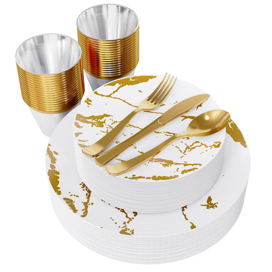 JOLLY PARTY 180PCS Disposable Dinnerware Set 30 Guest, 60 White and Gold Plastic Plates, 30 Plastic Silverware, 30 Cups, Marble Design Disposable Dinnerware for Wedding and Parties